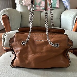 Michael Kors ASTOR Large Acorn Tan Satchel Bag Leather Chain Strap Studs